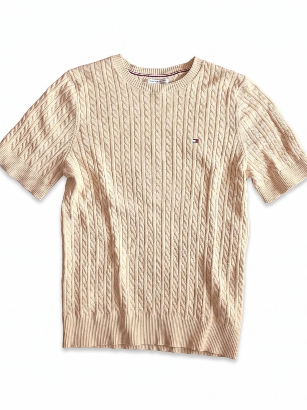 Tommy Hilfiger Cream Short Sleeve Cable Knit Sweater Top - Size M